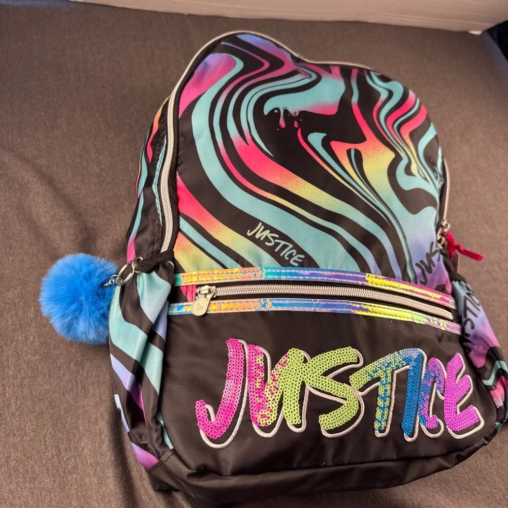 Justice Girls Backpack Black Neon Swirl Sequined Logo Pom Pom NWT